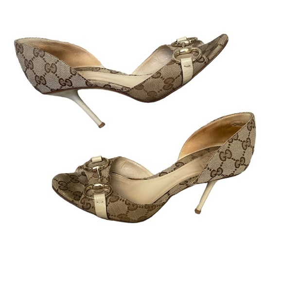 Gucci Beige GG Canvas Hollywood Horsebit D'orsay Pumps Size:7.5 - Picture 3 of 13